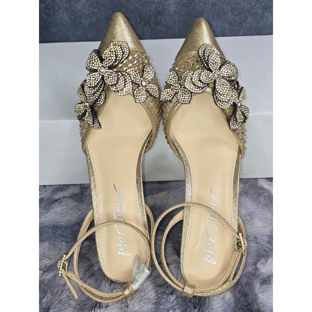 New Betsey Johnson Elma Pumps Gold Rhinestone Floral Mesh Heels Womens 7.5 - Picture 5 of 7